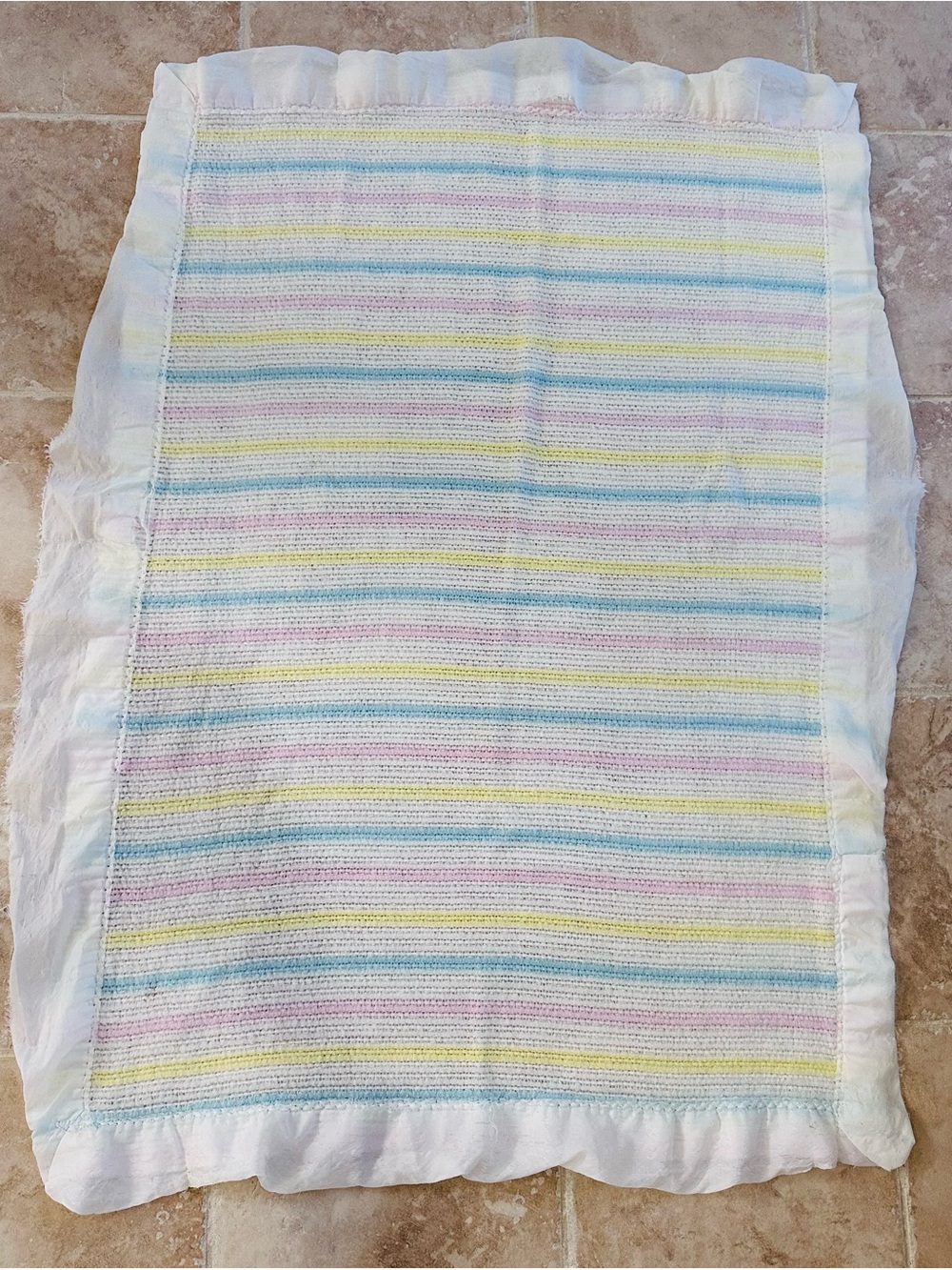 Vintage Pastel Striped Baby Acrylic Blanket Made in USA Satin Edges